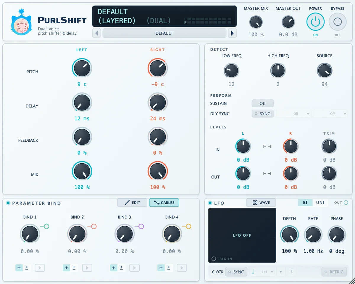 PurlShift in its initial state, with DEFAULT in the display and preset button.