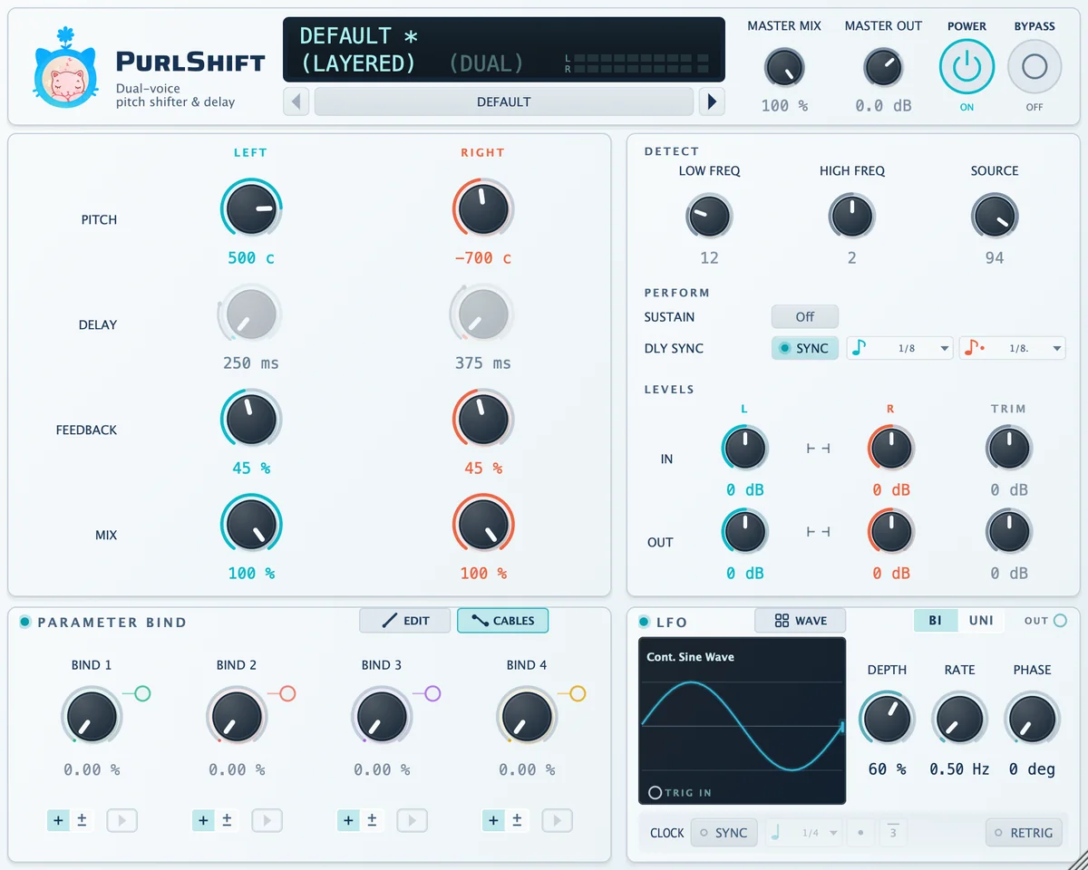 PurlShift interface. Top: logo, display, preset button, MASTER MIX, MASTER OUT, POWER and BYPASS. Middle: LEFT/RIGHT voices on the left; DETECT, PERFORM and LEVELS on the right. Bottom: PARAMETER BIND left, LFO right.